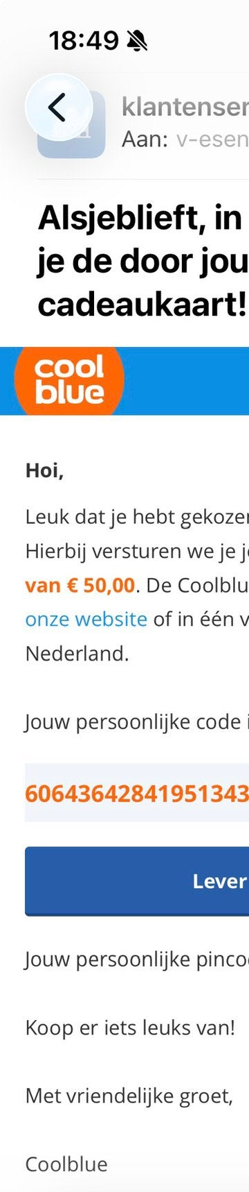 Coolblue tegoedbon waardebon waardecheque ad. €250, Eén persoon, Cadeaubon