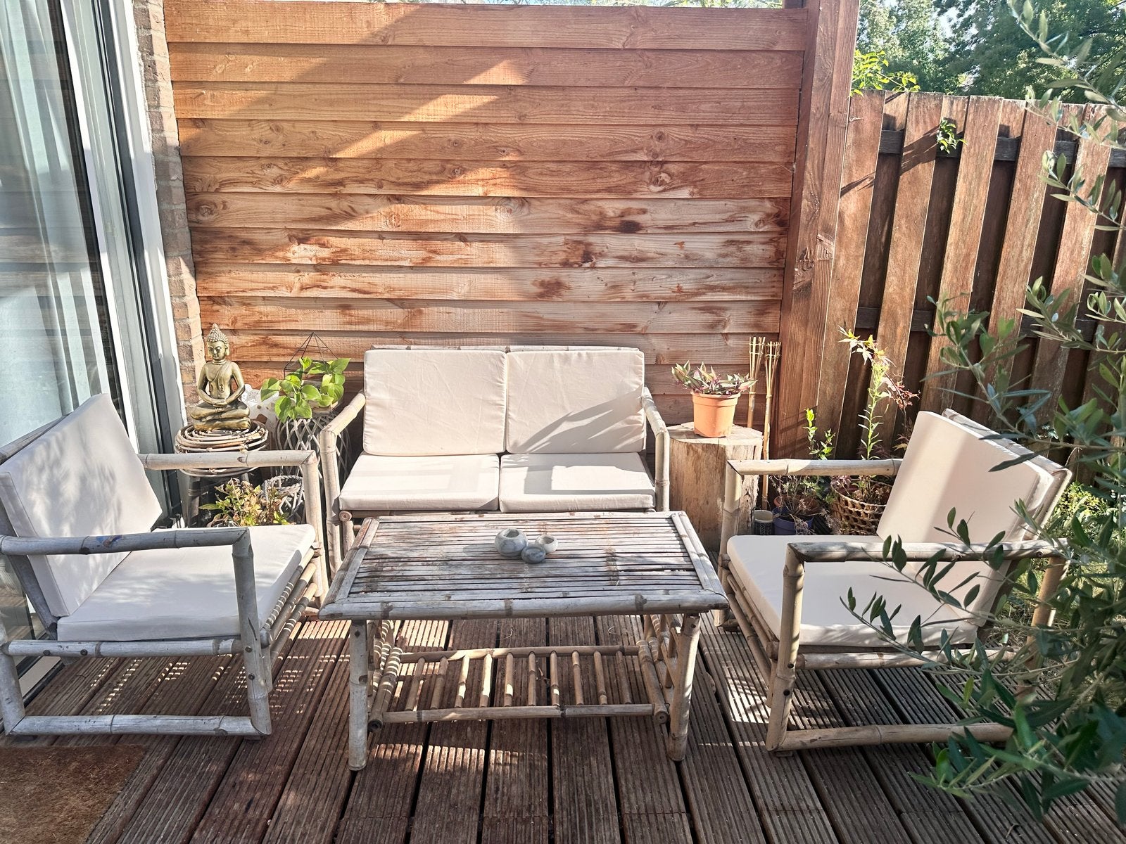 Bamboe tuin set met kussens, Tuin en Terras, Tuinsets en Loungesets, Ophalen, Gebruikt, Overige materialen, 4 zitplaatsen