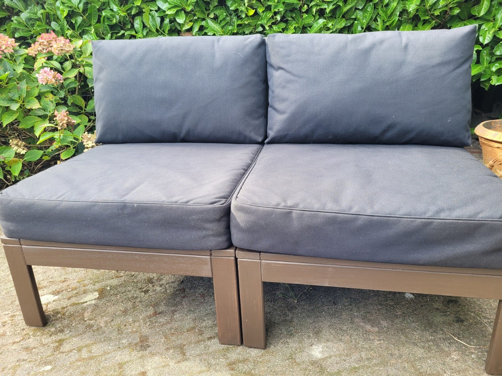 Ikea Applaro tuinbank met zwarte kussens, Tuin en Terras, Ophalen, Gebruikt, Hout