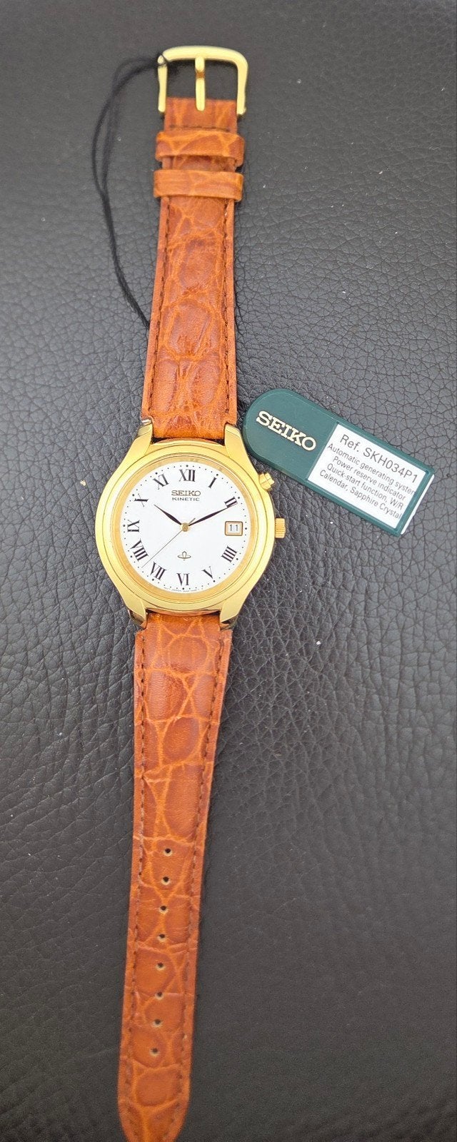 NOS Seiko kinetic SKH034P1, saffierglas, nieuwe accu, Sieraden, Tassen en Uiterlijk, Seiko, Leer, Staal, Polshorloge