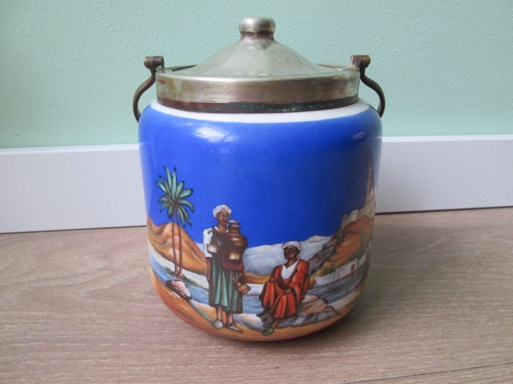 Antieke Engelse Koektrommel Porselein Oosters Tafereel Palm, Antiek en Kunst, Ophalen of Verzenden