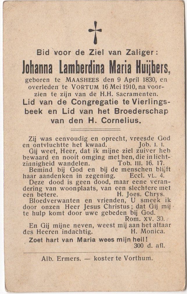 Johanna L.M. Huijbers 1830 Maashees + 1910 Vortum, 80 jaar, Ophalen of Verzenden