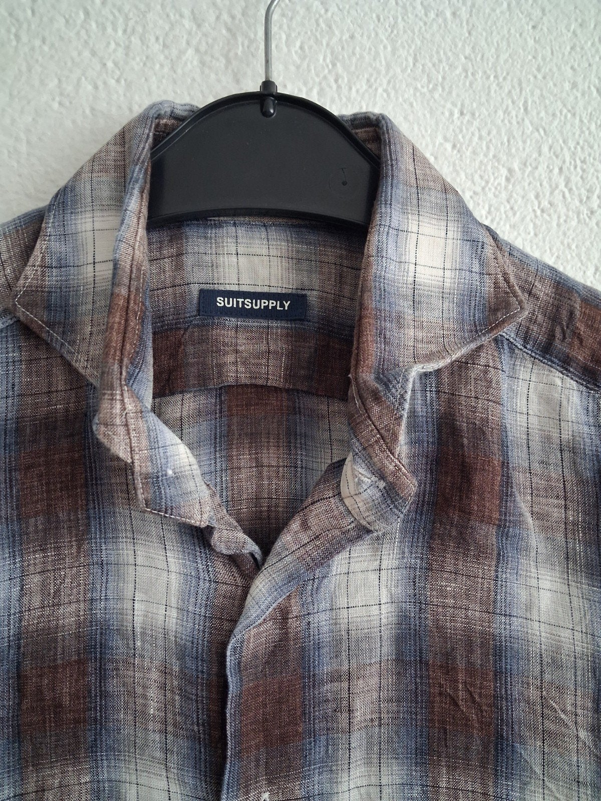 Suitsupply linnen overhemd geruit bruin/blauw/wit, Meerkleurig, Halswijdte 38 (S) of kleiner, Ophalen of Verzenden, Zo goed als nieuw