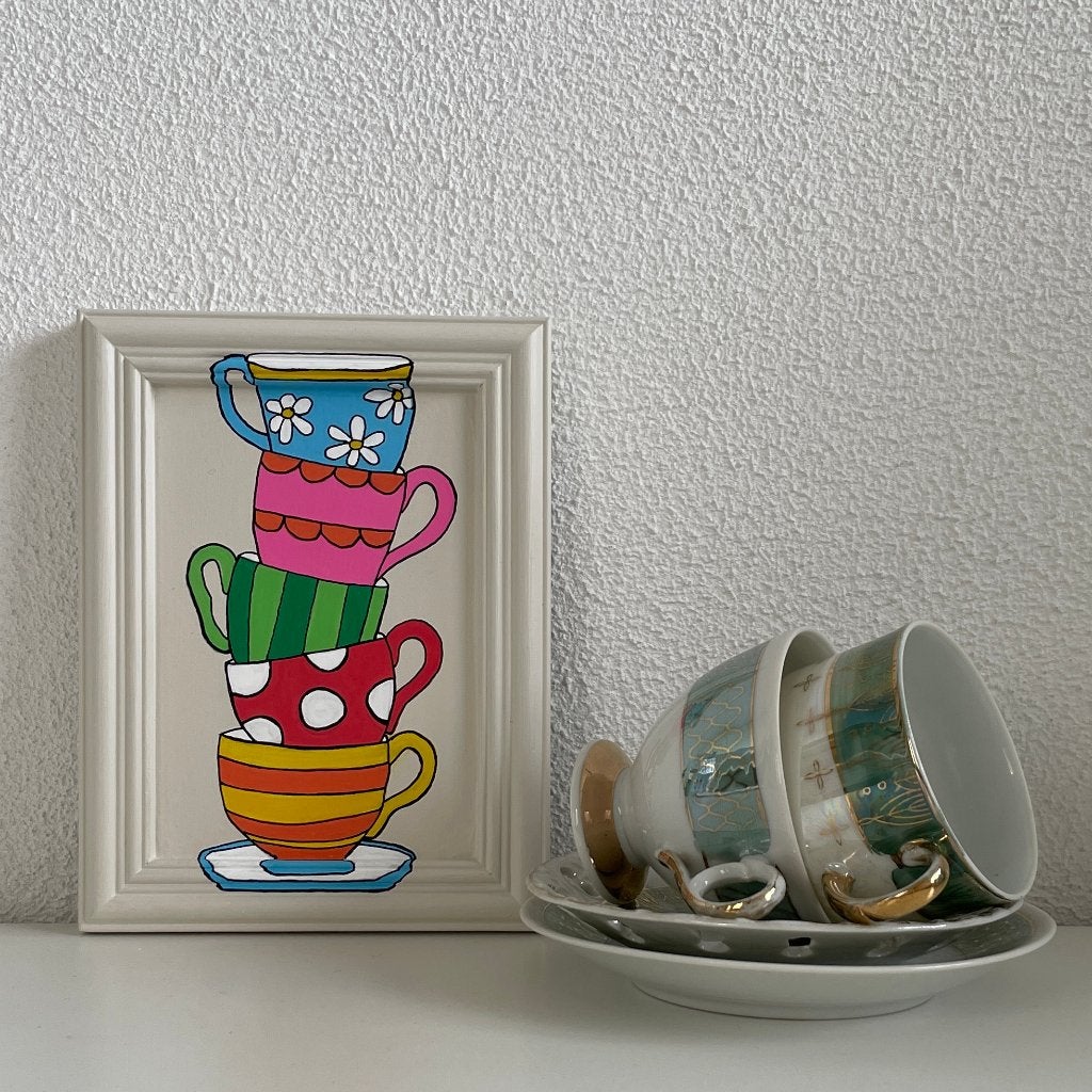 Schilderijtje "Kop en schotels" - handbeschilderd, Minder dan 50 cm, Oorspronkelijke maker, Nieuw, Ophalen of Verzenden