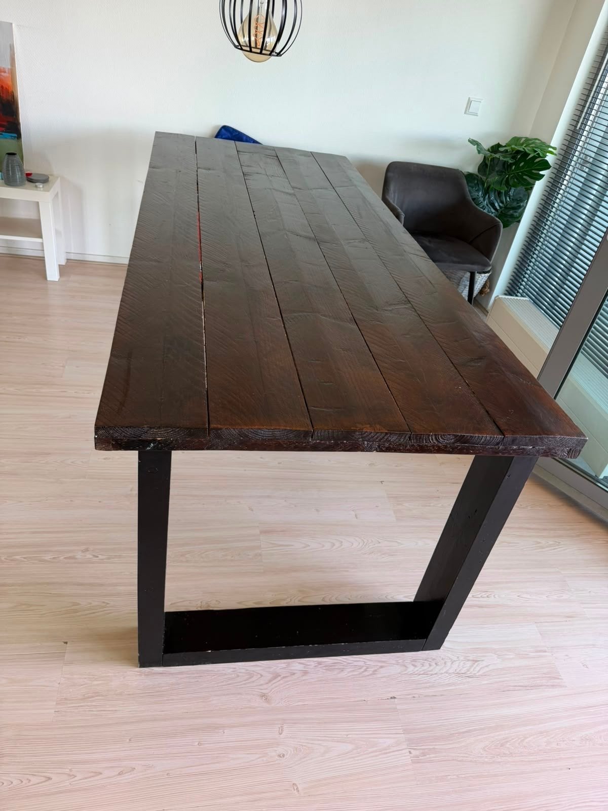 industrial wood eettafel 220/90cm, Ophalen, Gebruikt, New England, 1091SZ