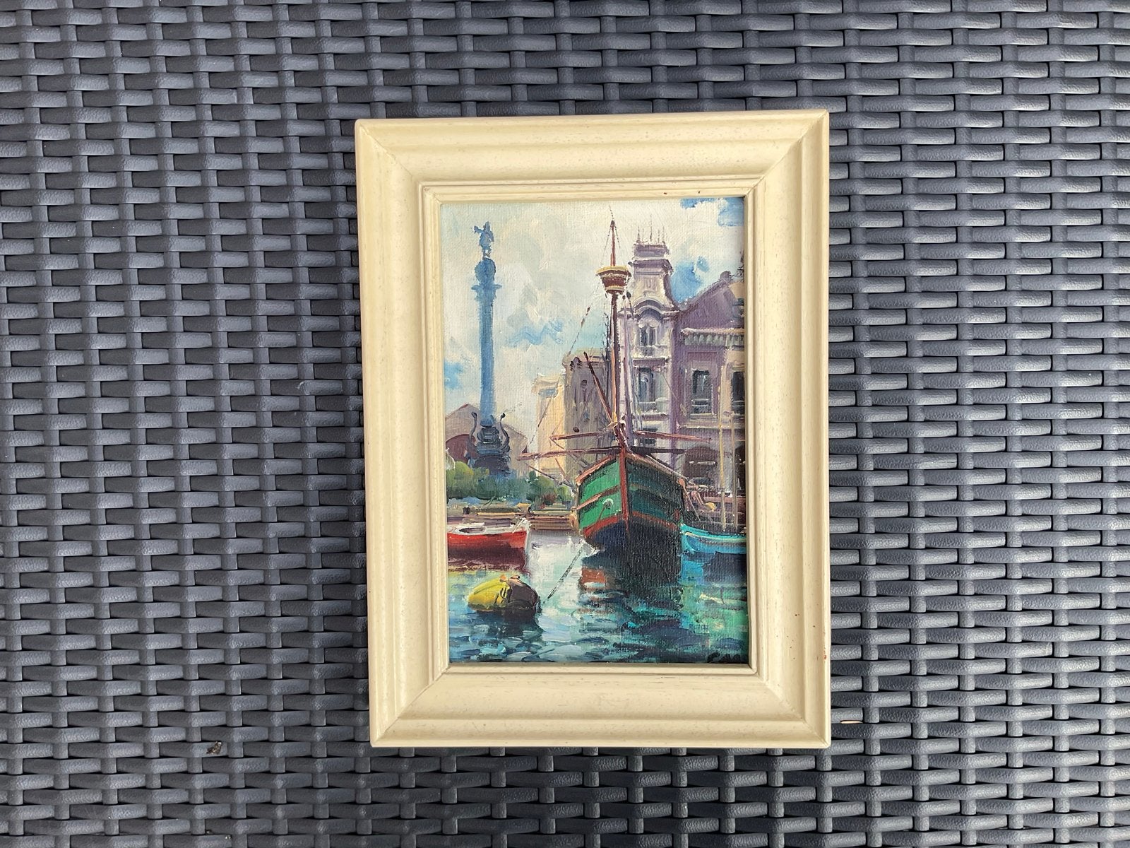 Schilderij Port Vell Barcelona, gesigneerd C.A.S., Maritiem / water, Doek, Realistisch, Ophalen of Verzenden