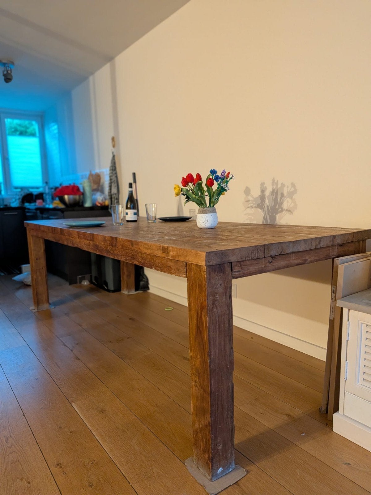 Massief houten eettafel (250x100 cm) - Gratis af te halen, Ophalen, Gebruikt, 100 tot 150 cm, 200 cm of meer