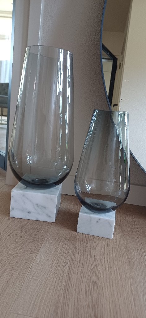 2 vazen set smoke glas op marmer voetje, Ophalen, Zo goed als nieuw, Wit, Glas