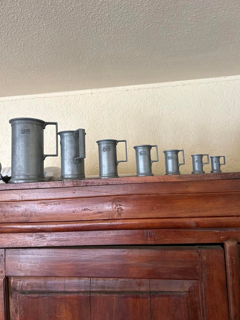 Antieke tinnen maatbekers set - 7 stuks (1L t/m 1/80L), Antiek en Kunst, Ophalen of Verzenden