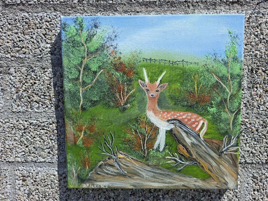zeer mooi handgeschilderde schilderij met hert a v/d kamp, Ophalen of Verzenden, Zo goed als nieuw, Gesigneerd