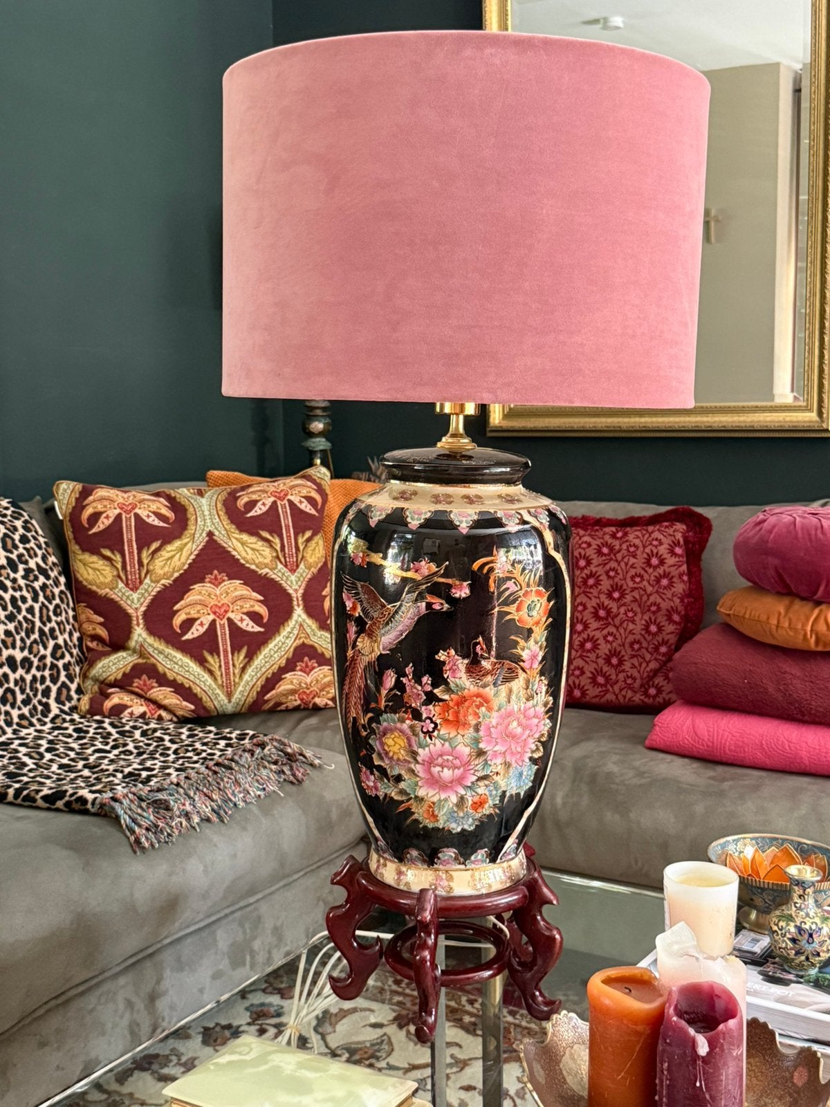 XXL Chinese vaaslamp met velvet kap (94 cm hoog), Ophalen, Overige materialen, Gebruikt, Vintage