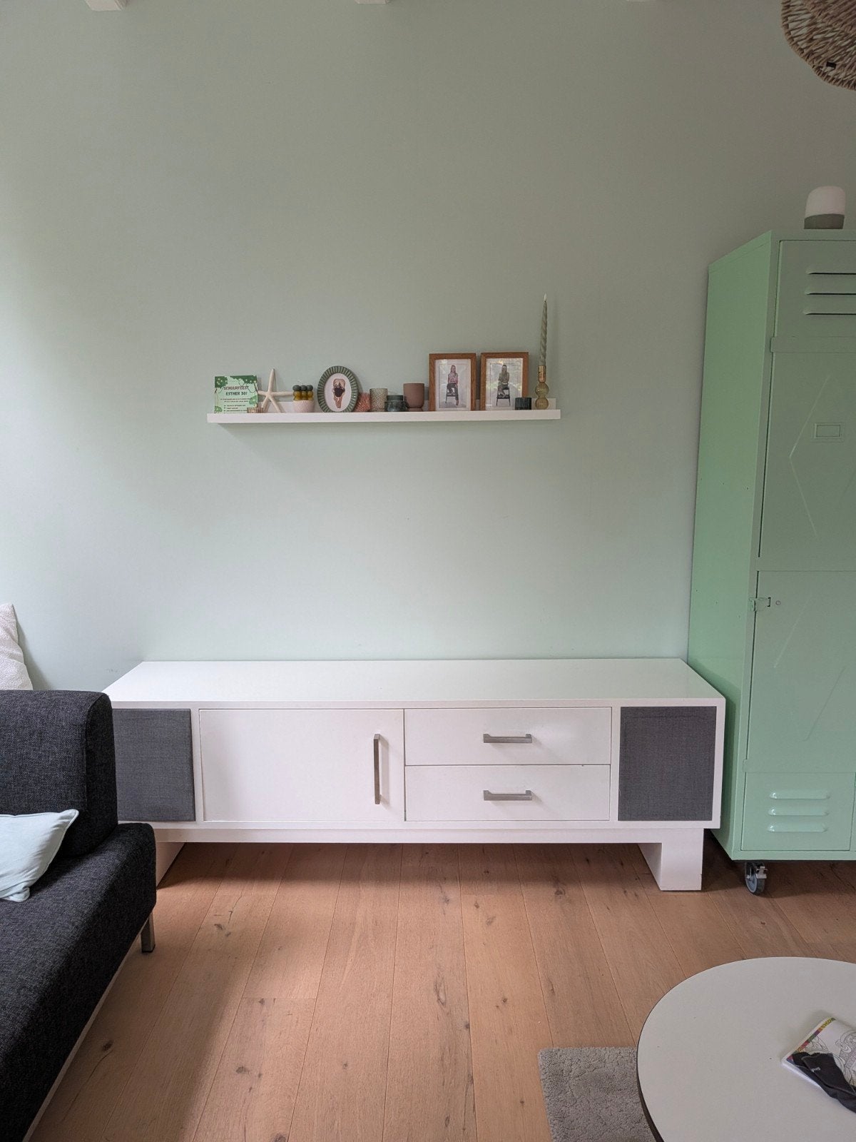 Witte TV-kast met opbergruimte voor stereo en lades, Huis en Inrichting, Overige materialen, Gebruikt, 150 tot 200 cm, Ophalen of Verzenden