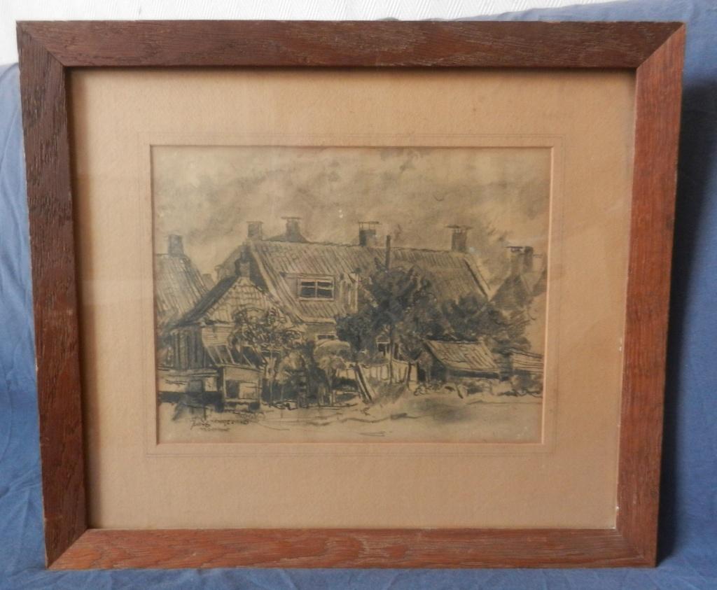 Krijttekening Huizen in Hoogezand Poppe Damave 1946 22x29 cm, Antiek en Kunst, Ophalen of Verzenden