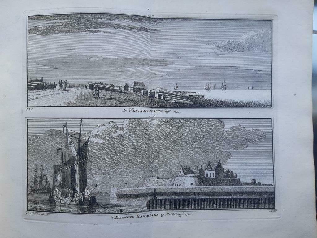 13-16*/ Westkappelsche dijk + kasteel Rammekes te Middelburg, Antiek en Kunst, Kunst | Etsen en Gravures, Ophalen of Verzenden