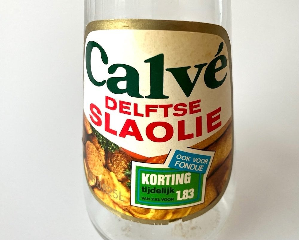 Vintage jaren 70 - Slaolieflessen Calve, Ophalen of Verzenden, Gebruikt, Gebruiksvoorwerp