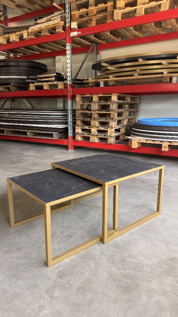 Laatste Kans! Salontafel set - goud met zwart marmerlook, 50 tot 100 cm, Vierkant, Nieuw, 50 tot 100 cm