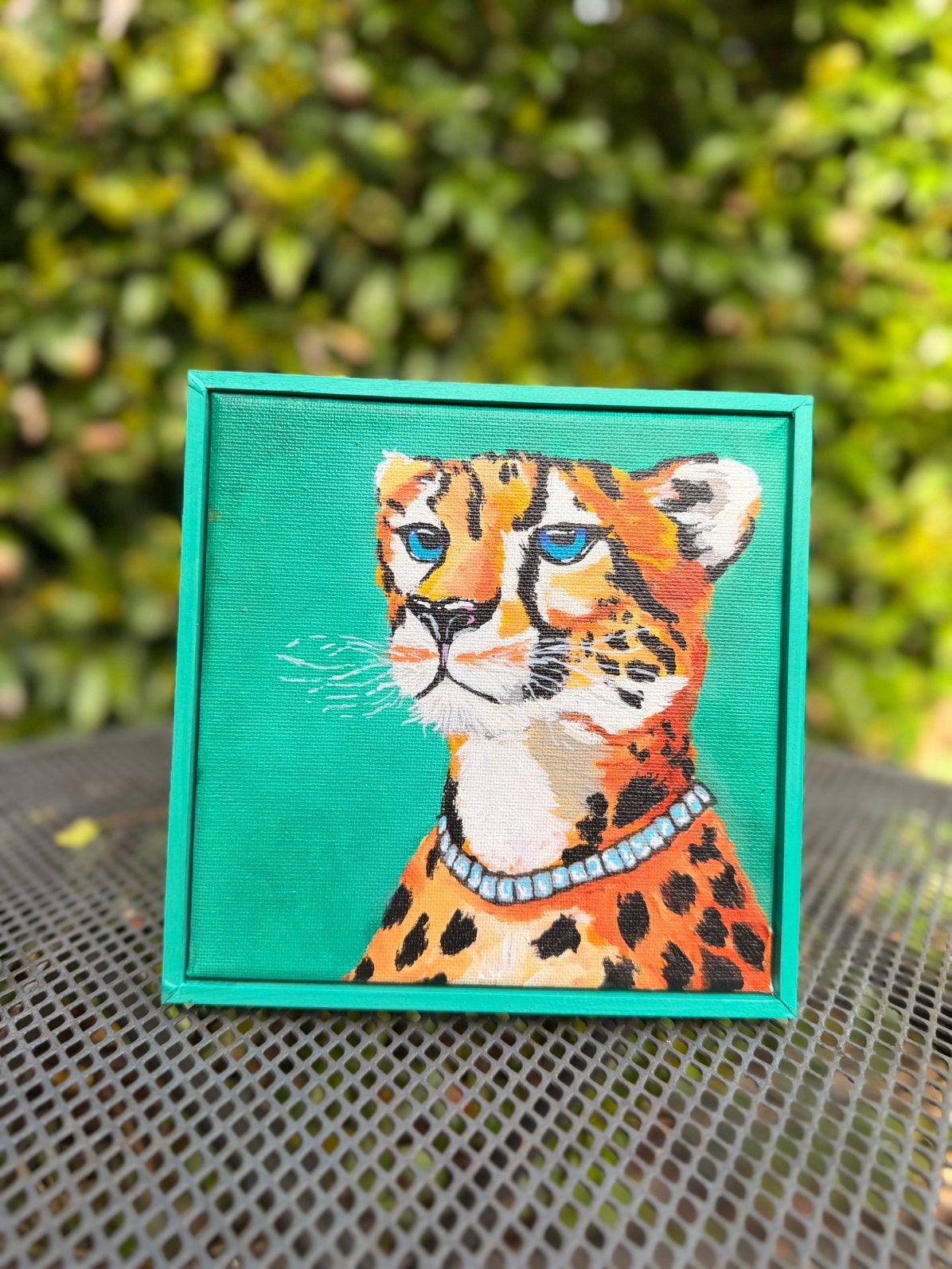 Zelf geschilderd schilderij luipaard 15x15cm met lijst, Acrylverf, Handgeschilderd, Ophalen of Verzenden, Dieren