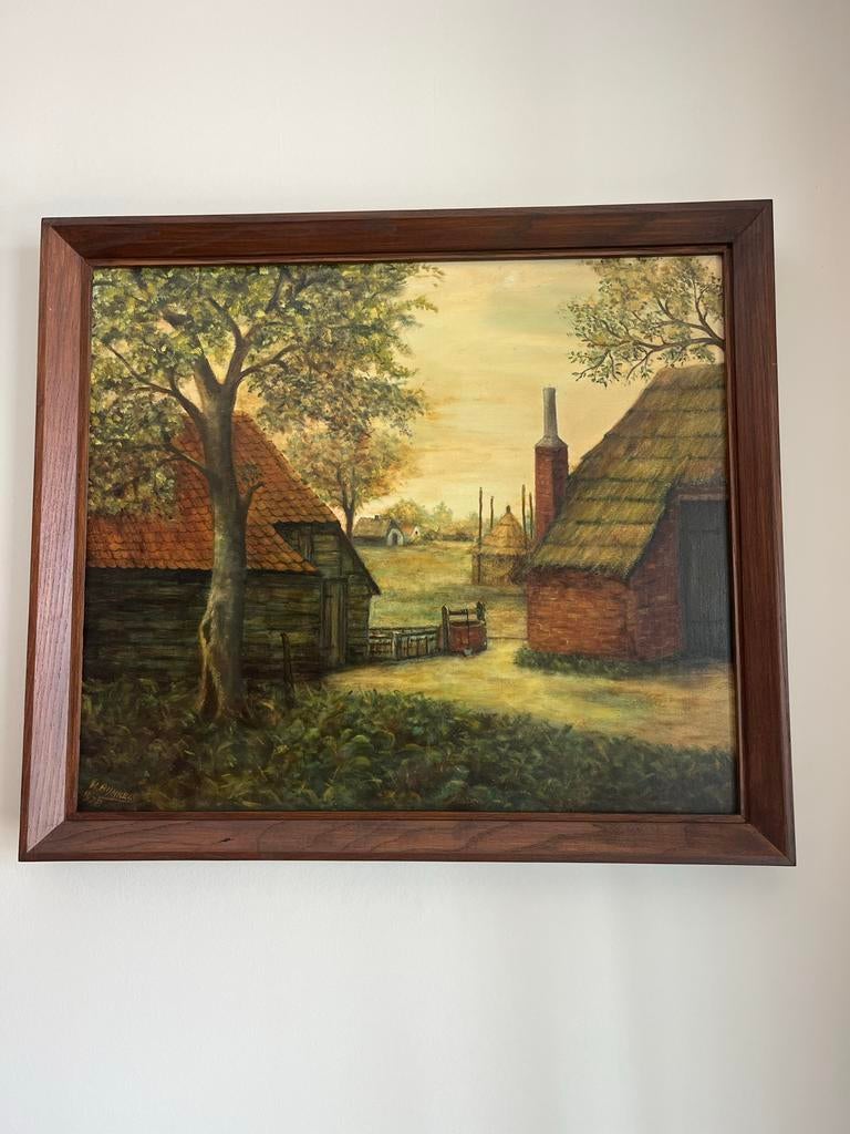 Schilderij H. Rijnkels, Bergen op Zoom - Landelijk tafereel, Antiek en Kunst, Kunst | Schilderijen | Klassiek, Ophalen