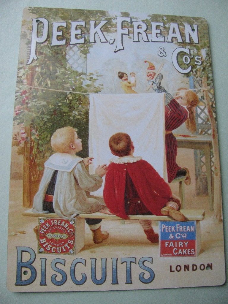 Metalen Reclamebord - Peek Frean / Kinderen Poppenkast 21 cm, Verzenden, Gebruikt, Reclamebord
