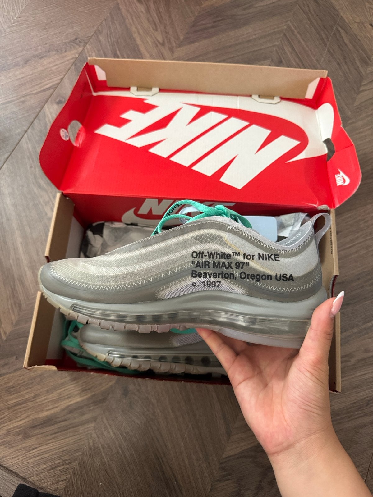 Nike Air Max 97 Off-White Menta - maat 38.5, Ophalen of Verzenden, Zo goed als nieuw, Grijs, Sneakers of Gympen