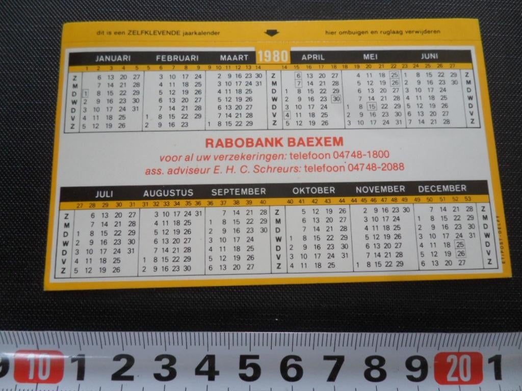 sticker Kalender 1980 Baexem RABO Bank  E.H.C. Schreurs *, Ophalen, Zo goed als nieuw