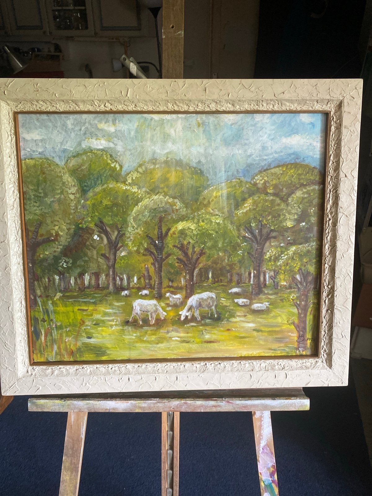 Schilderij acrylverf, landschap met schapen, 50x60 cm, Antiek en Kunst, Ophalen, Acrylverf, Doek, Landschap