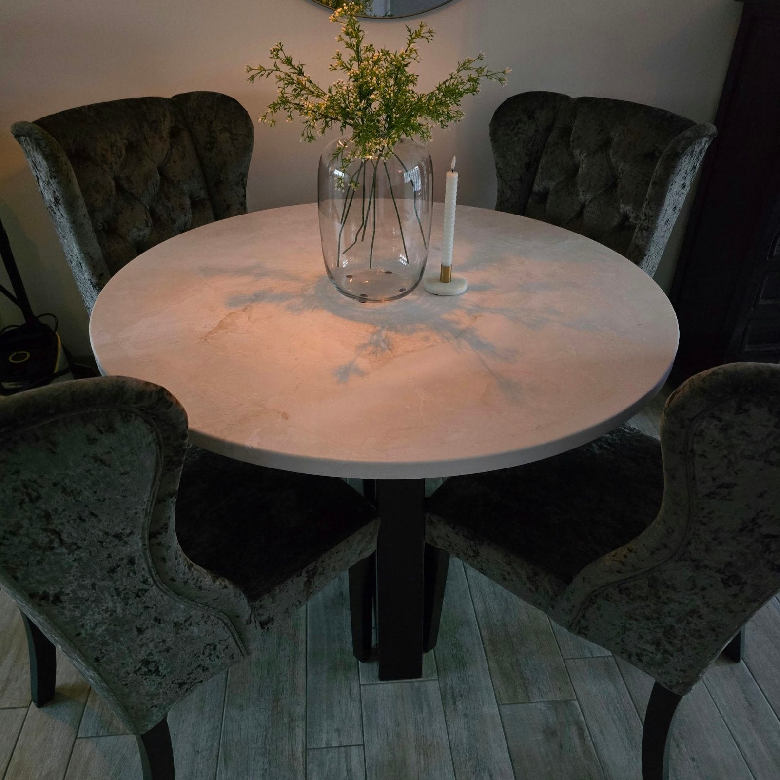 te koop eethoektafel met stalen onderstel, Ophalen, Rond, Vijf personen of meer, 100 tot 150 cm