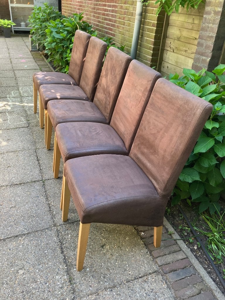 5 bruine eetkamerstoelen, Ophalen, Gebruikt, Bruin, Stof