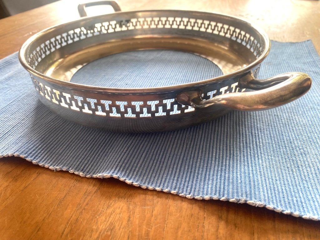 Vintage verzilverde schaalhouder met ajourpatroon, Ophalen of Verzenden