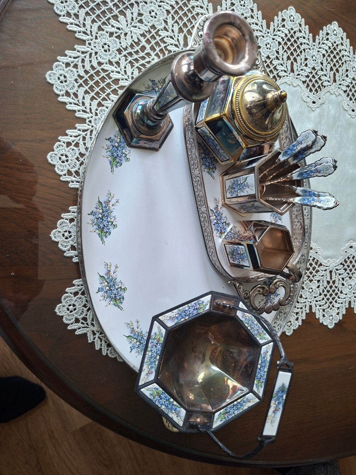 Antieke zilveren set met bloemmotief, Ophalen of Verzenden, Zilver