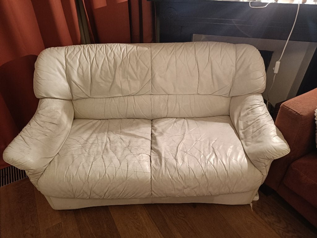 Witte vintage leren bank, Ophalen, Gebruikt, Tweepersoons, Rechte bank