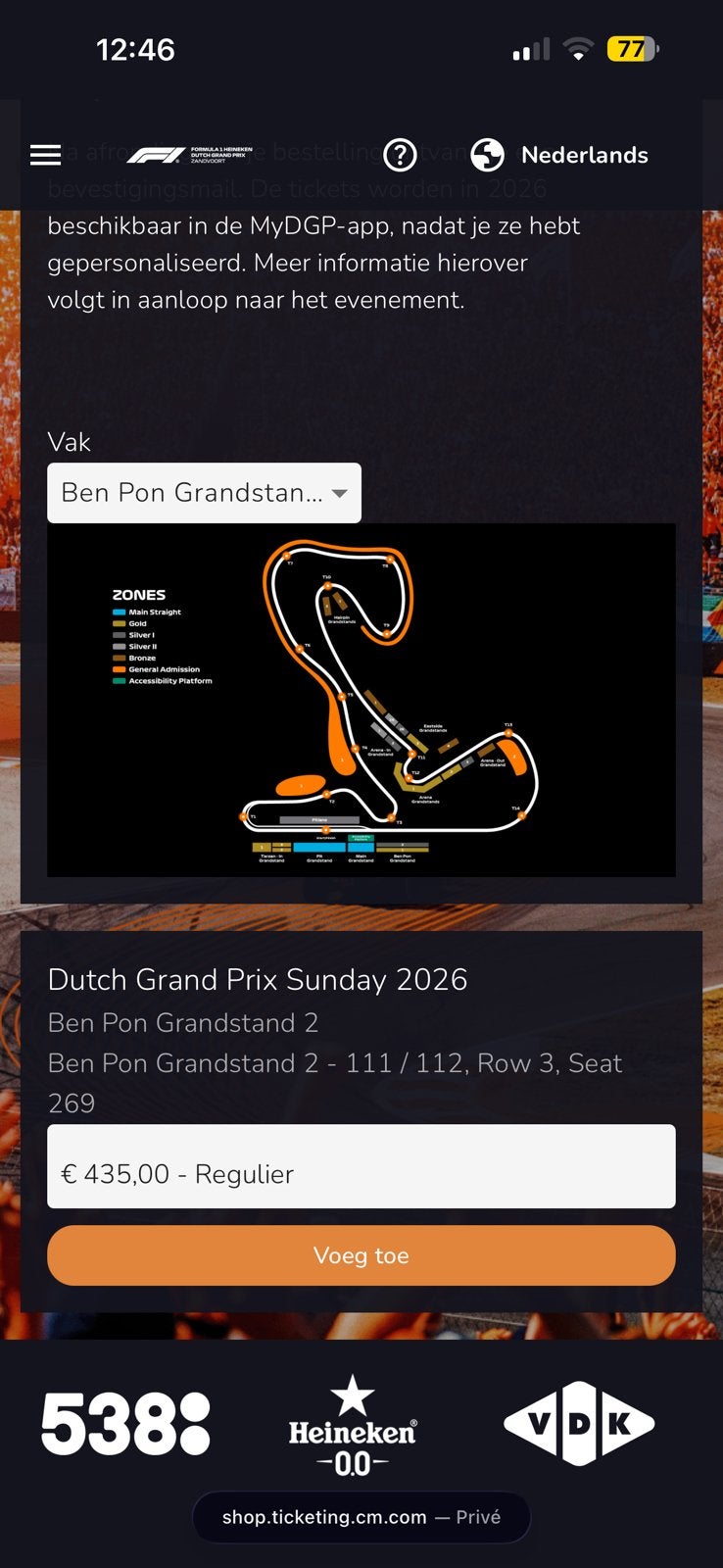 Formule 1 zondag 2026 Ben Pon Grandstand 2 stoel 269, Tickets en Kaartjes, Eén persoon