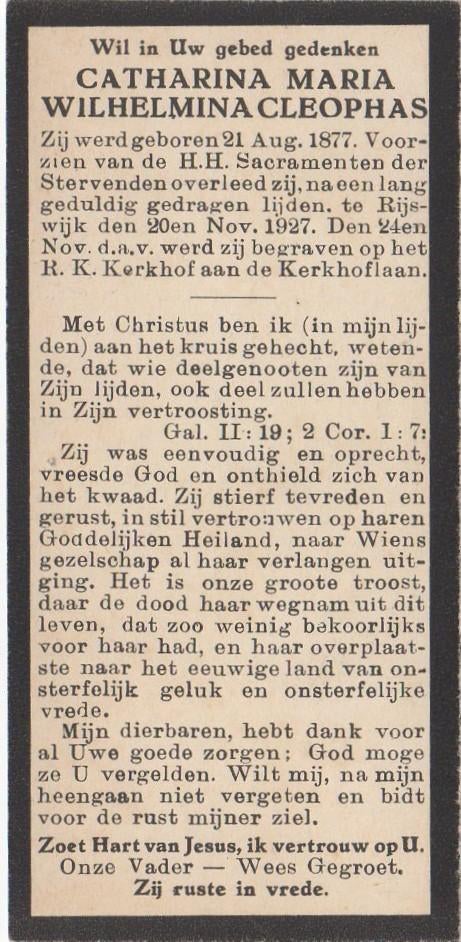 Catharina M.W. Cleophas 1877 Voorburg + 1927 Rijswijk, 50 jr, Verzenden