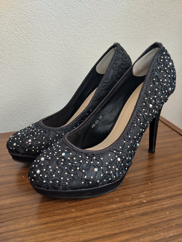 Pumps met kant en strass glitters mt39, Stephan, Pumps, Zwart, Ophalen of Verzenden