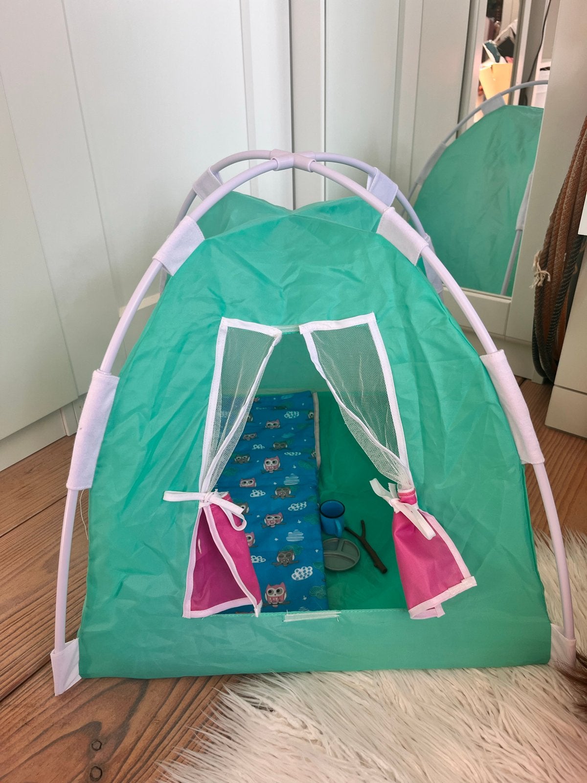 Poppen tent met slaapzak en accessoires, Verzenden, Gebruikt, Meisje