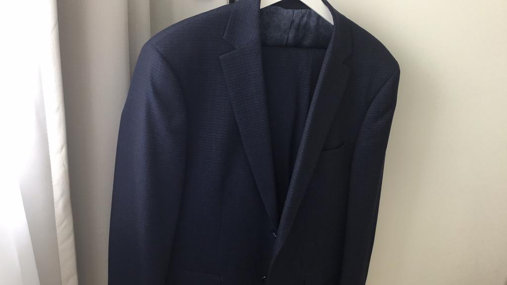 Mooi blauw kostuum mt. 50 ruitje., Ophalen of Verzenden, Gedragen, Maat 48/50 (M), Blauw