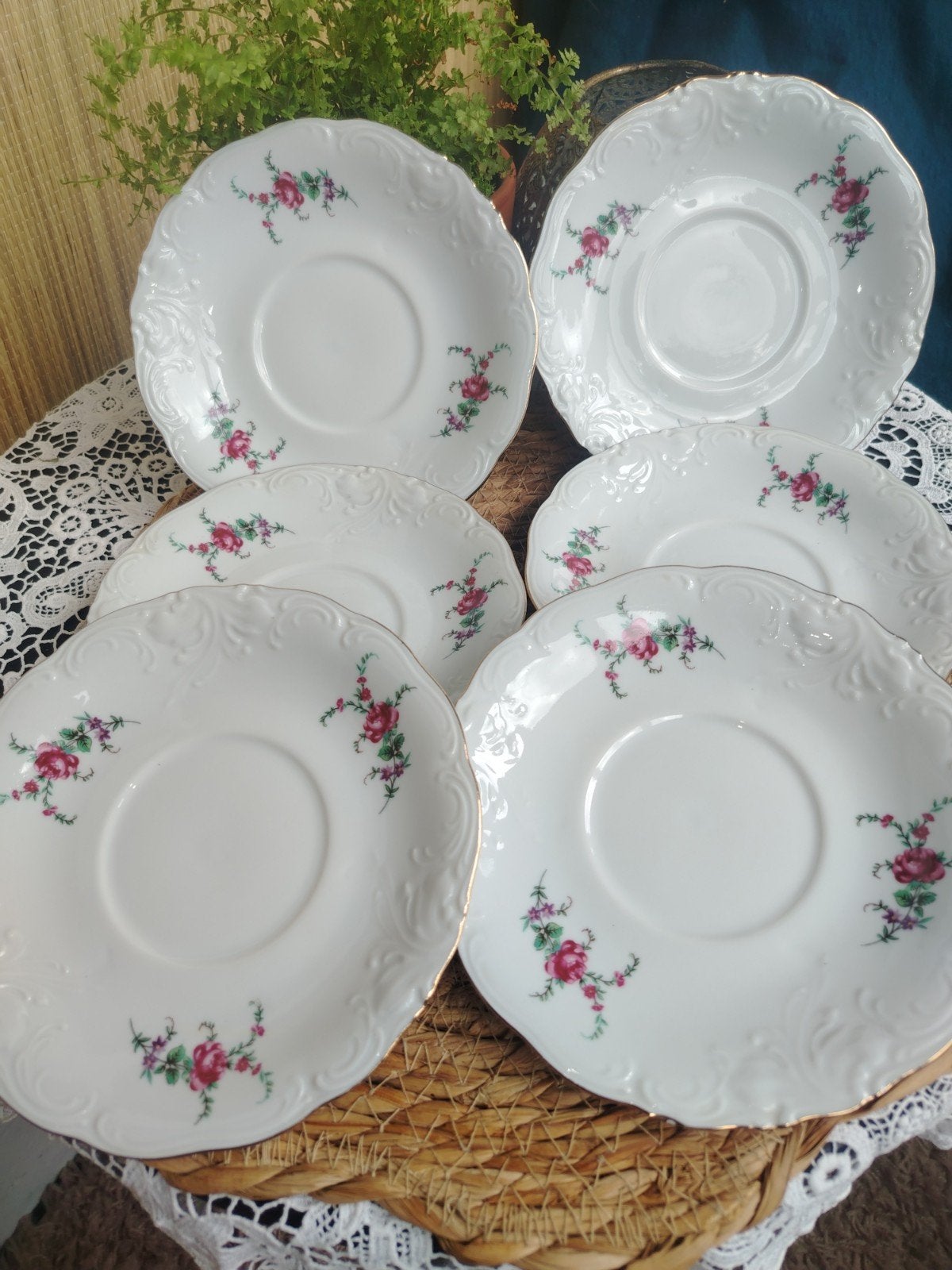 Set van 6 vintage schoteltjes met bloemmotief, Antiek en Kunst, Antiek | Servies los, Ophalen of Verzenden