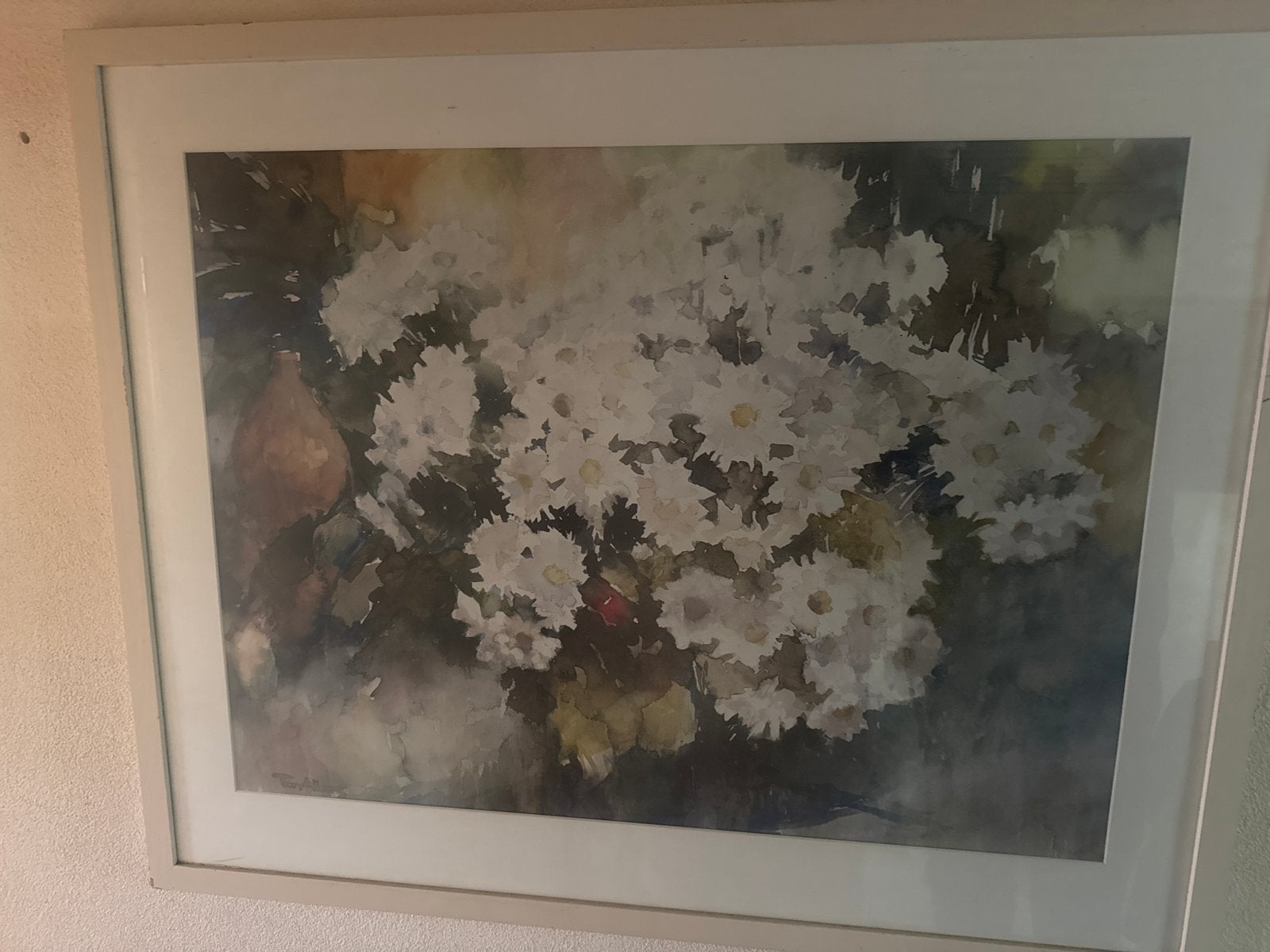Schilderij met witte bloemen in lijst, Bloemen, Realistisch, Ophalen of Verzenden, Aquarel