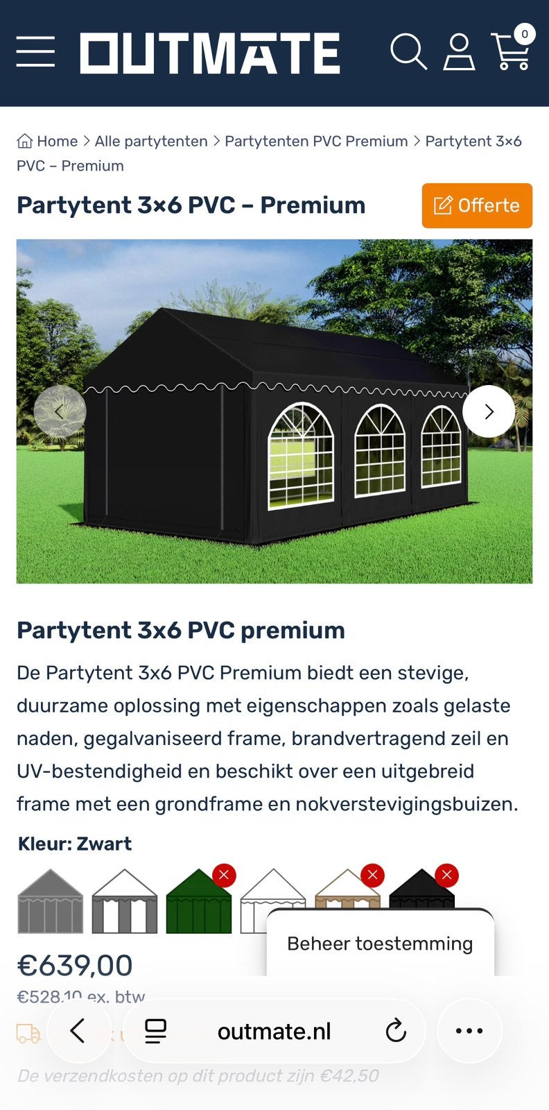 Zwarte sterke PVC partytent 6x3 met ramen, Ophalen, Gebruikt