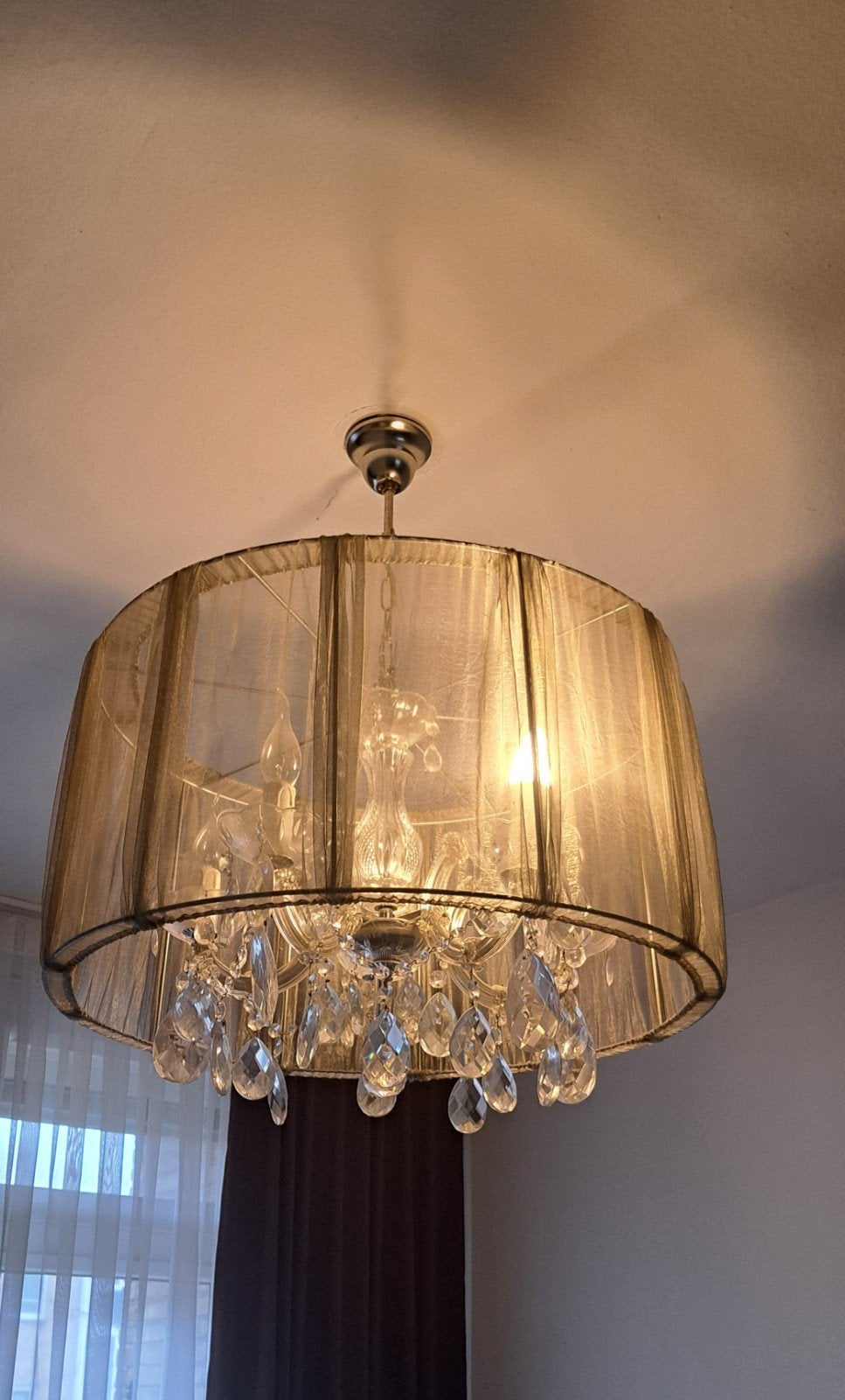 kroonluchter met stoffen kap en kristallen, Huis en Inrichting, Ophalen, Gebruikt, Glas, E14 (klein)