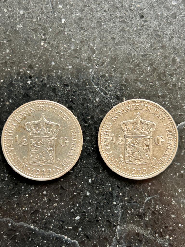 2 Wilhelmina halve guldens 1929 en 1930, ½ gulden, Setje, Zilver, Ophalen of Verzenden