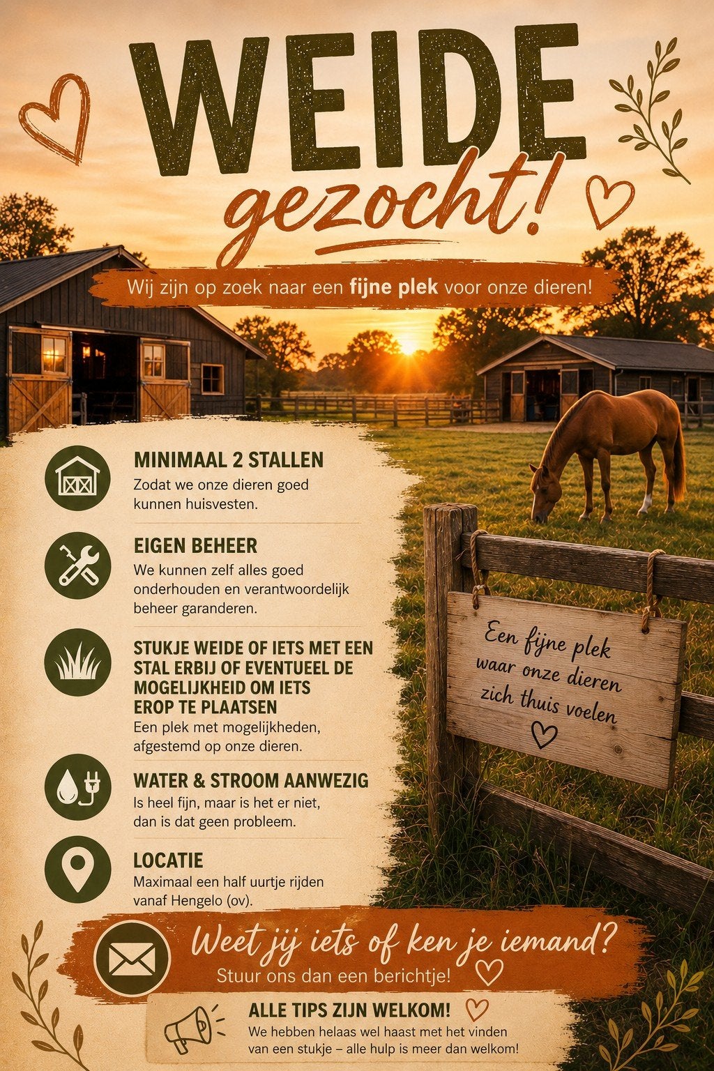 Weide of stalling gezocht paarden/ ponys, Stalling