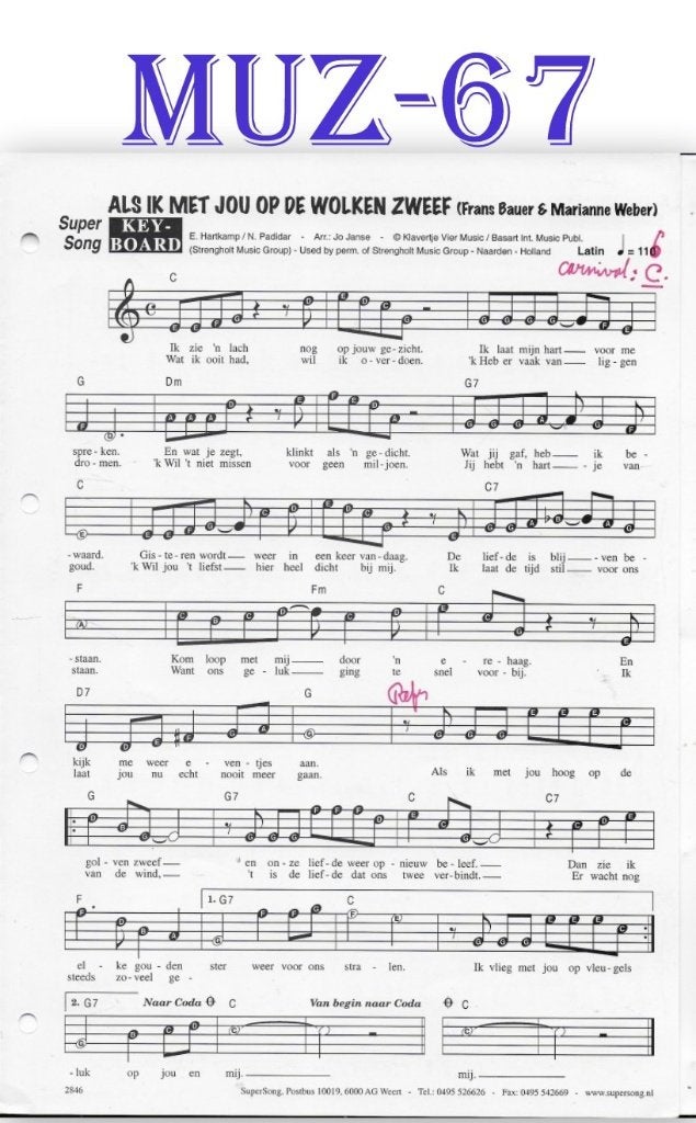Muz67 Bladmuziek Als ik met jou op de wolken zweef, Ophalen of Verzenden, Artiest of Componist, Klassiek, Keyboard