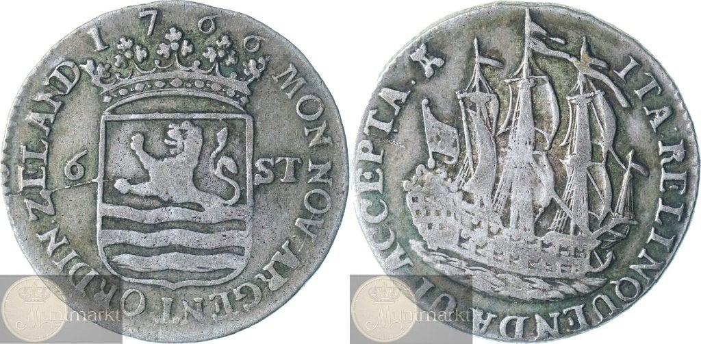Zeeland - Scheepjesschelling 6 Stuivers 1766 - Arabische 1, Postzegels en Munten, Vóór koninkrijk, Zilver, Losse munt, Overige waardes