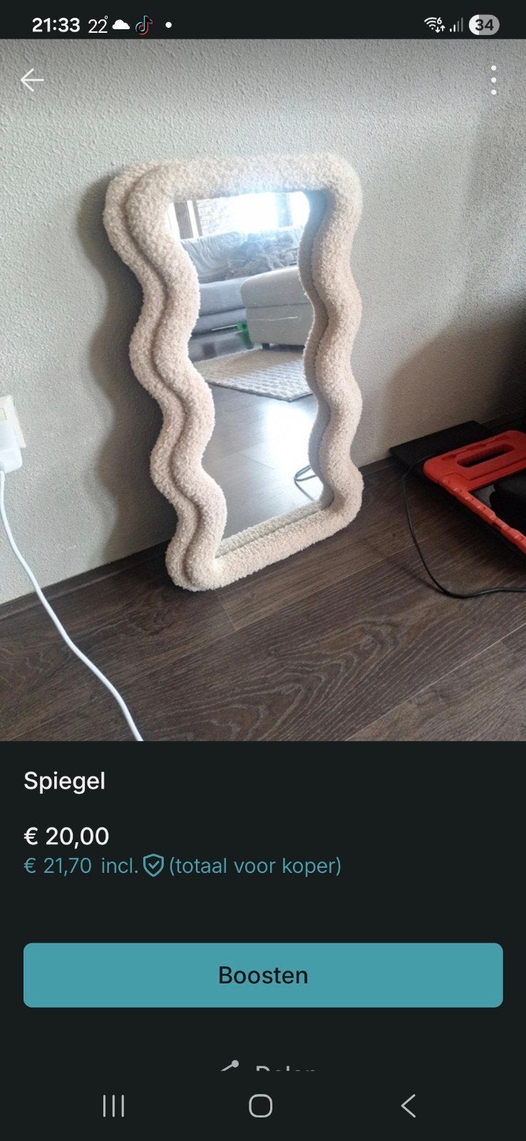 Decoratieve spiegel met golvende teddy rand, Ophalen