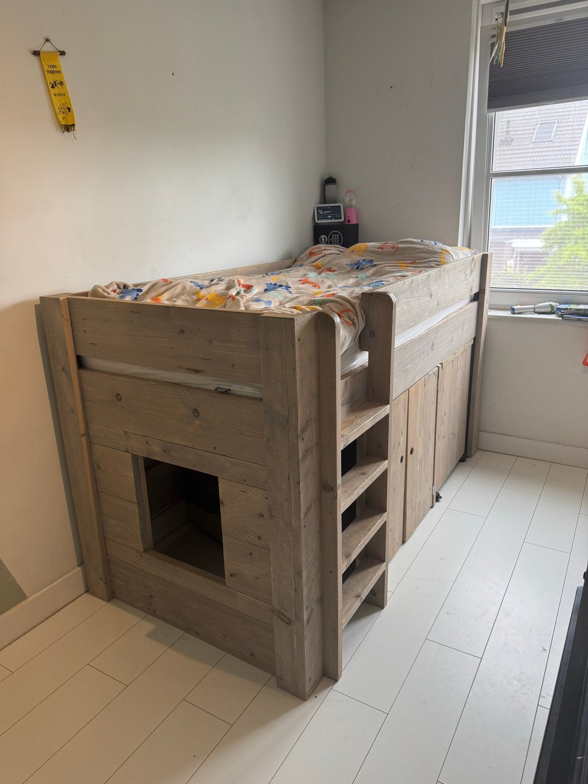 Steigerhouten halfhoogslaper met bureau, Ophalen, Gebruikt, 90 cm, Eenpersoons