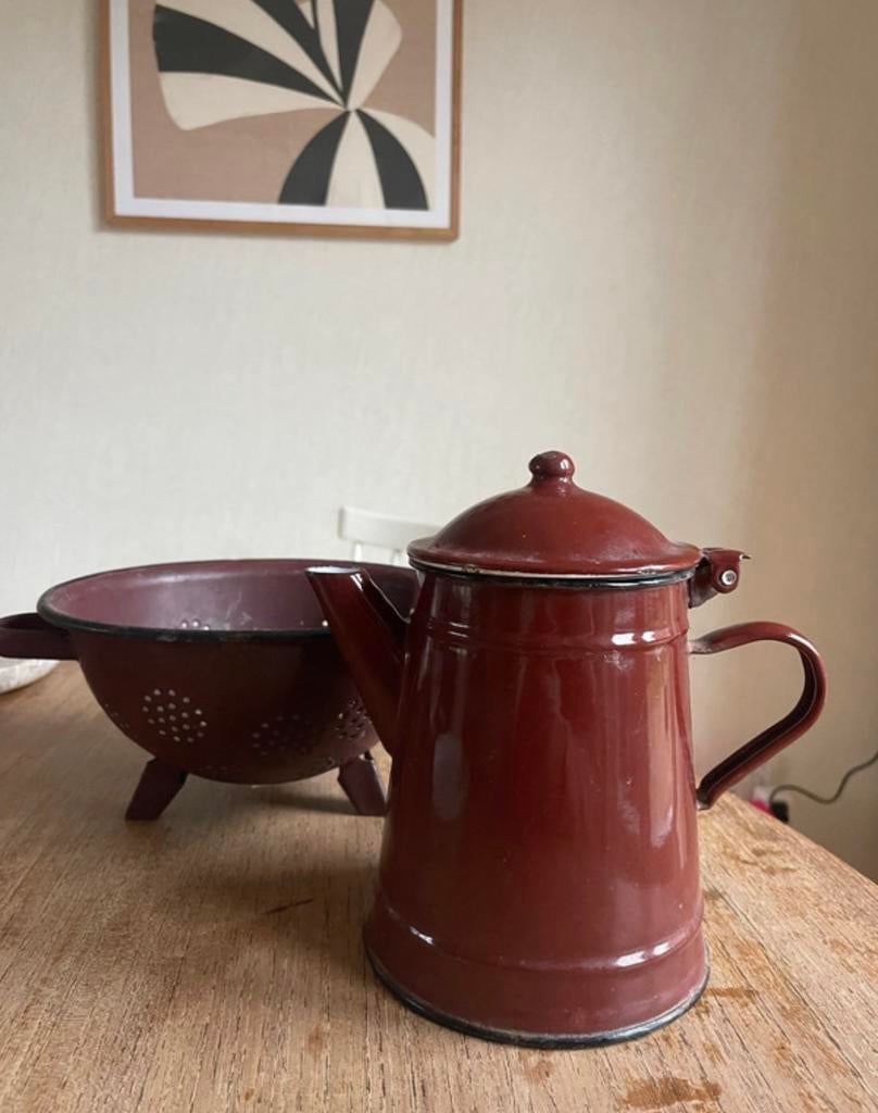 Emaille kan / theepot & vergiet vintage brocante, Antiek en Kunst, Ophalen of Verzenden