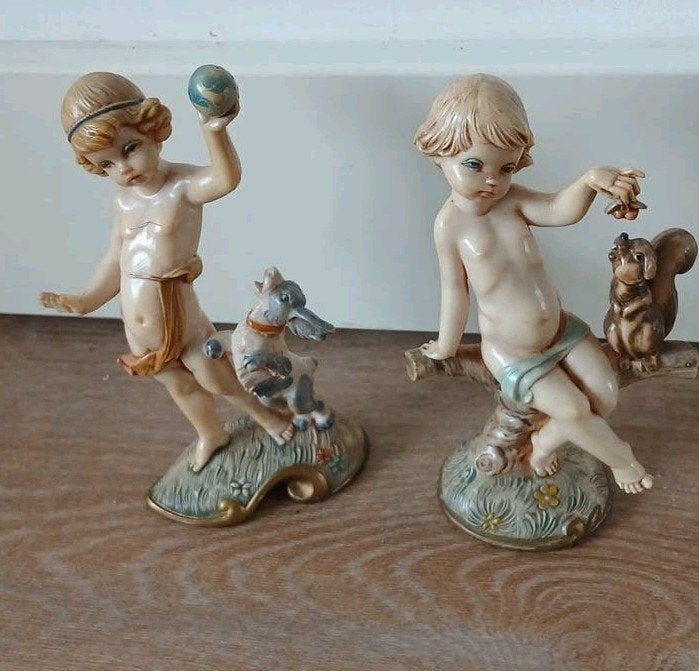 Vintage Fontanini Depose Italy Beeldjes: Jongens met Dieren, Ophalen of Verzenden, Zo goed als nieuw