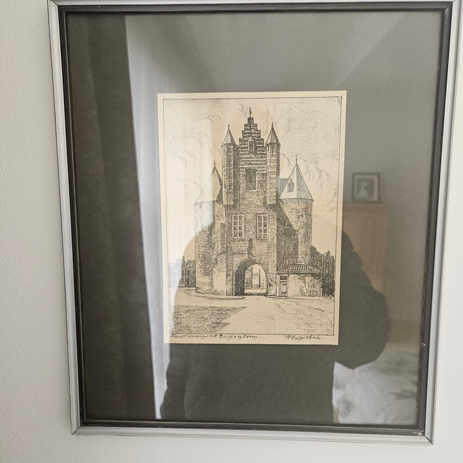 Oude poort Bergen op Zoom - Ets van W. Wenckebach, Ophalen, Ingelijst, Ets, Stadsgezicht