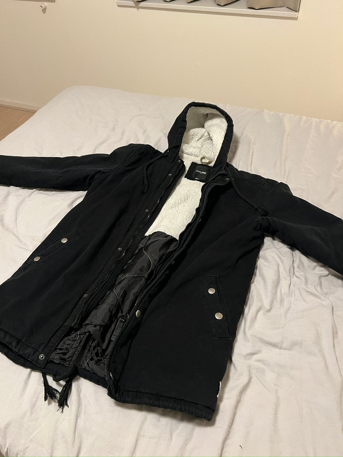 Only & Sons Winterjas Zwart Maat L met Witte Voering, Verzenden, Gedragen, Maat 52/54 (L), Zwart
